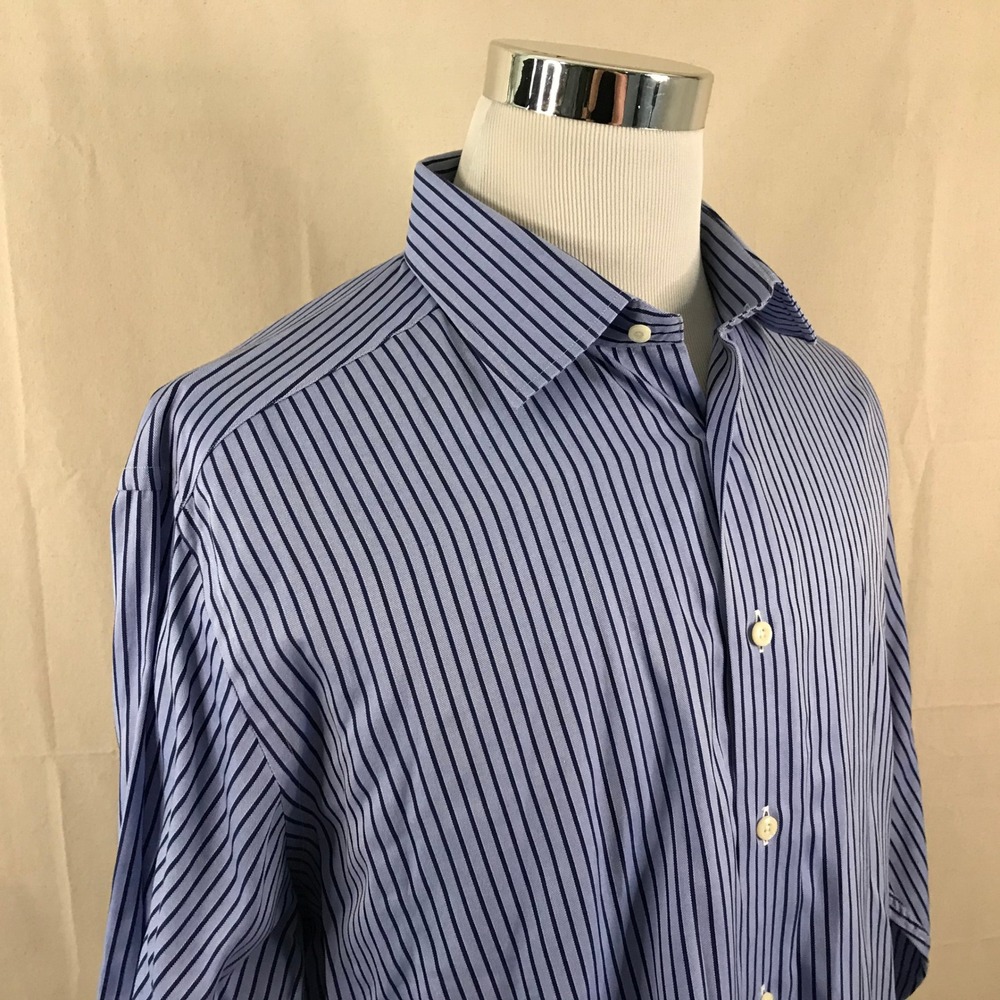 David Donahue 17.5 32/33 Regular Fit Dress Shirt Blue Striped Cotton Formal Mens